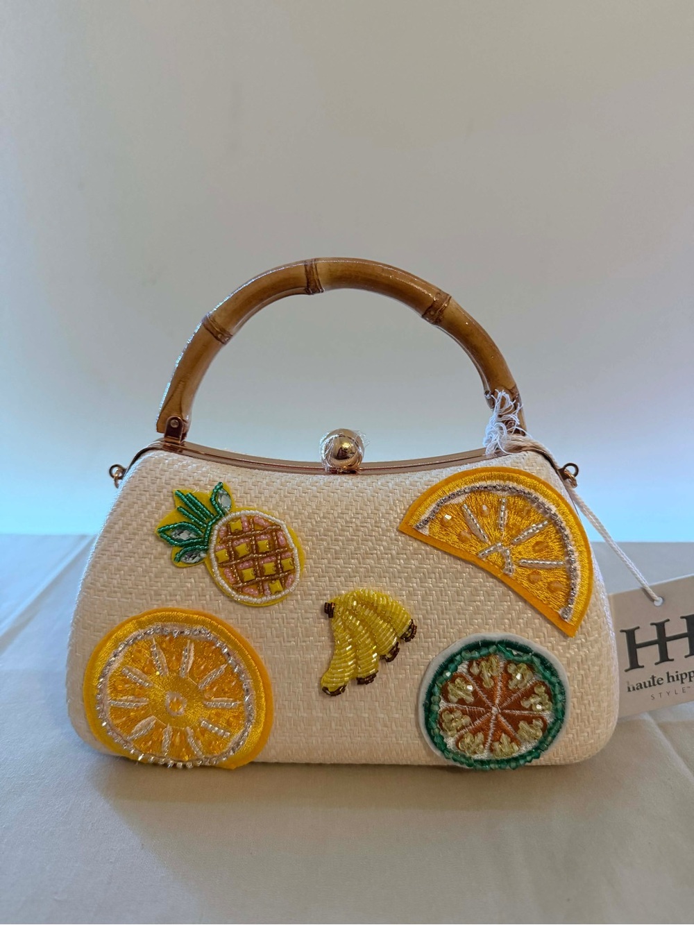 Haute Hippie Cream Straw Top-Handle Bag with Citrus & Pineapple Appliqués